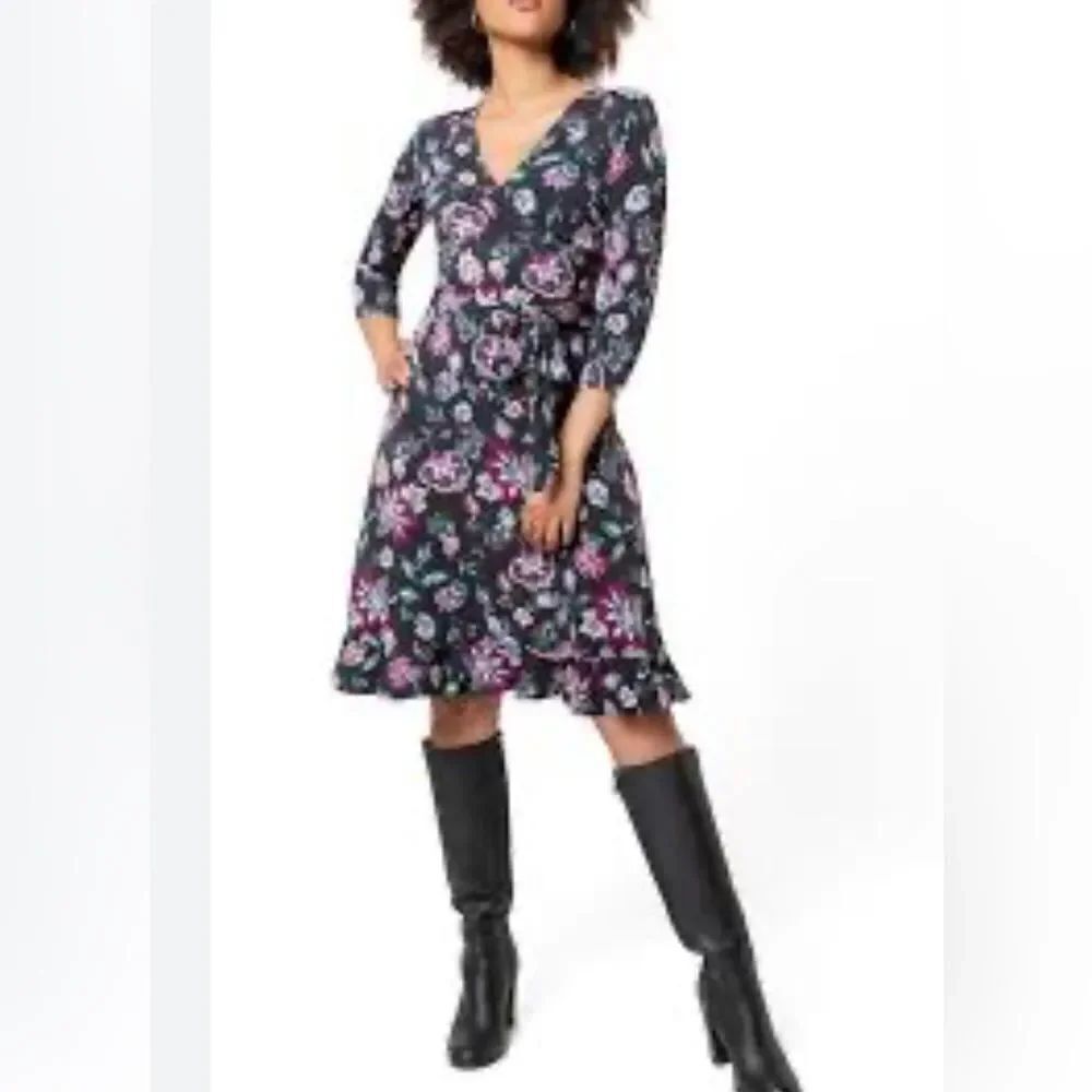 NEW Leota Libby black floral 3/4 sleeves mini cottagecore wrap mini dress XS